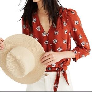 Madewell Red / Orange Floral 100% Silk Floral 3/4 Sleeve Blouse size Medium